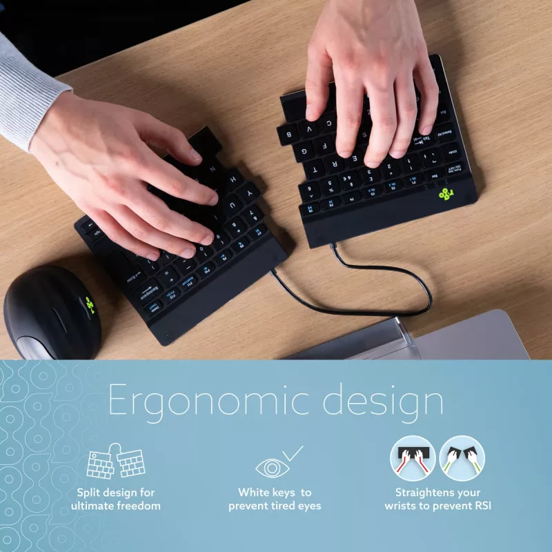 Ergonominė klaviatūra R-Go Tools R-Go Split Break su pertraukų programine įranga, išskirta klaviatūra, QWERTZ (DE), Bluetooth, juoda