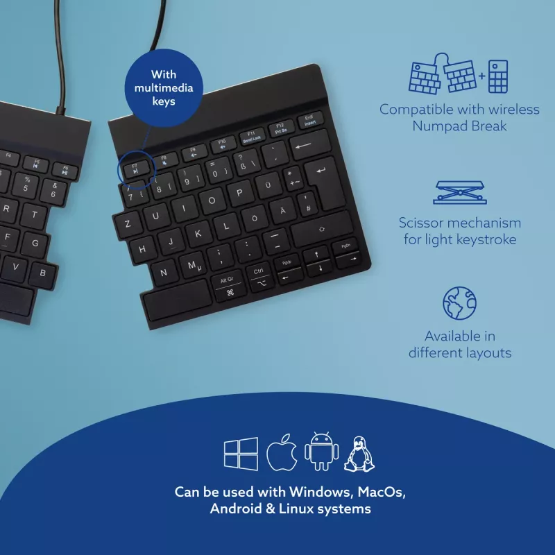 Ergonominė klaviatūra R-Go Tools R-Go Split Break su pertraukų programine įranga, išskirta klaviatūra, QWERTZ (DE), Bluetooth, juoda