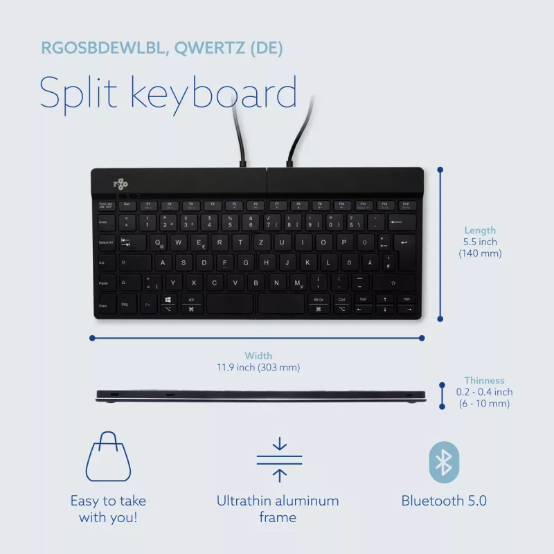 Ergonominė klaviatūra R-Go Tools R-Go Split Break su pertraukų programine įranga, išskirta klaviatūra, QWERTZ (DE), Bluetooth, juoda