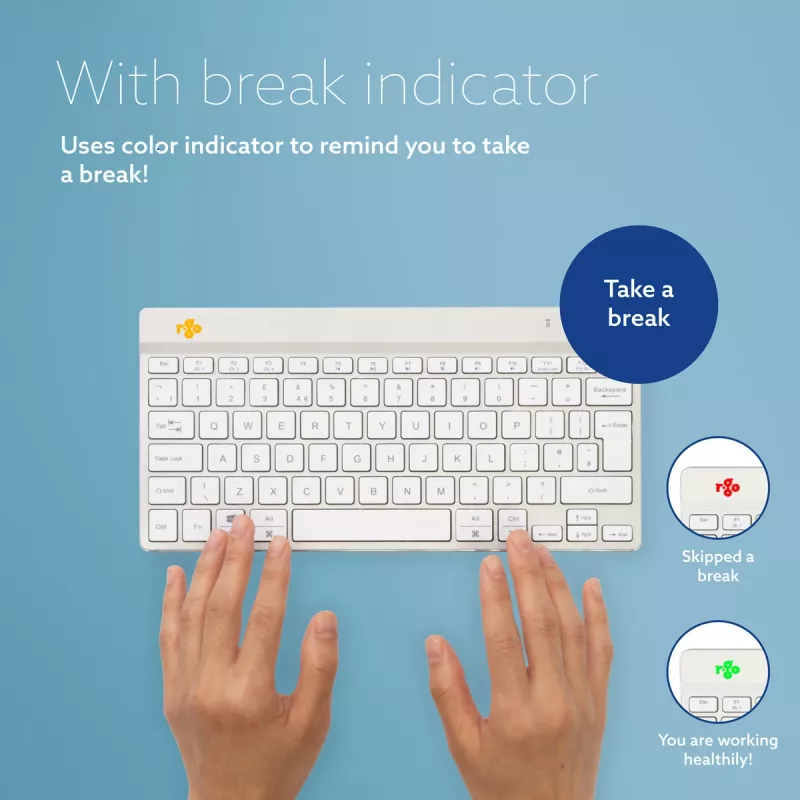 Ergonominė klaviatūra R-Go Tools Compact Break, kompaktiška, su pertraukų programine įranga, QWERTZ (DE), Bluetooth, balta