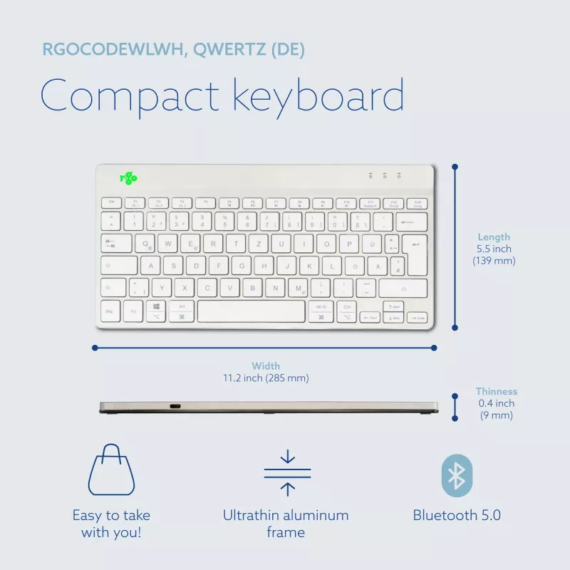 Ergonominė klaviatūra R-Go Tools Compact Break, kompaktiška, su pertraukų programine įranga, QWERTZ (DE), Bluetooth, balta