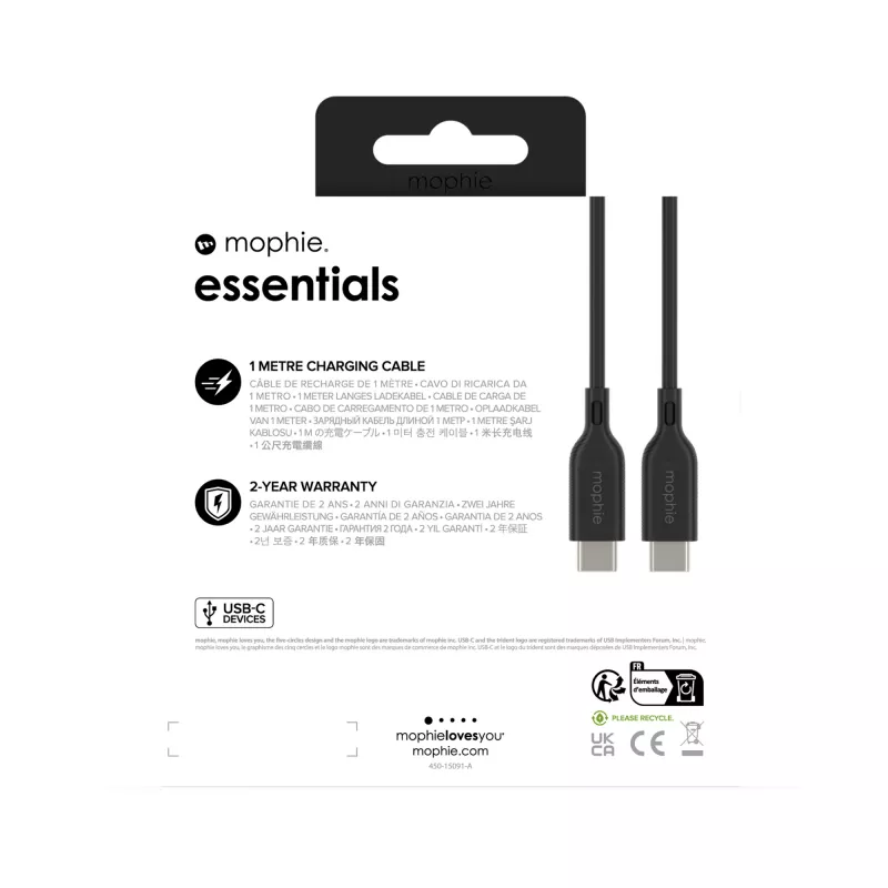 USB-C į USB-C įkrovimo laidas 1 m — Zagg International mophie essentials, USB 2.0, Juoda