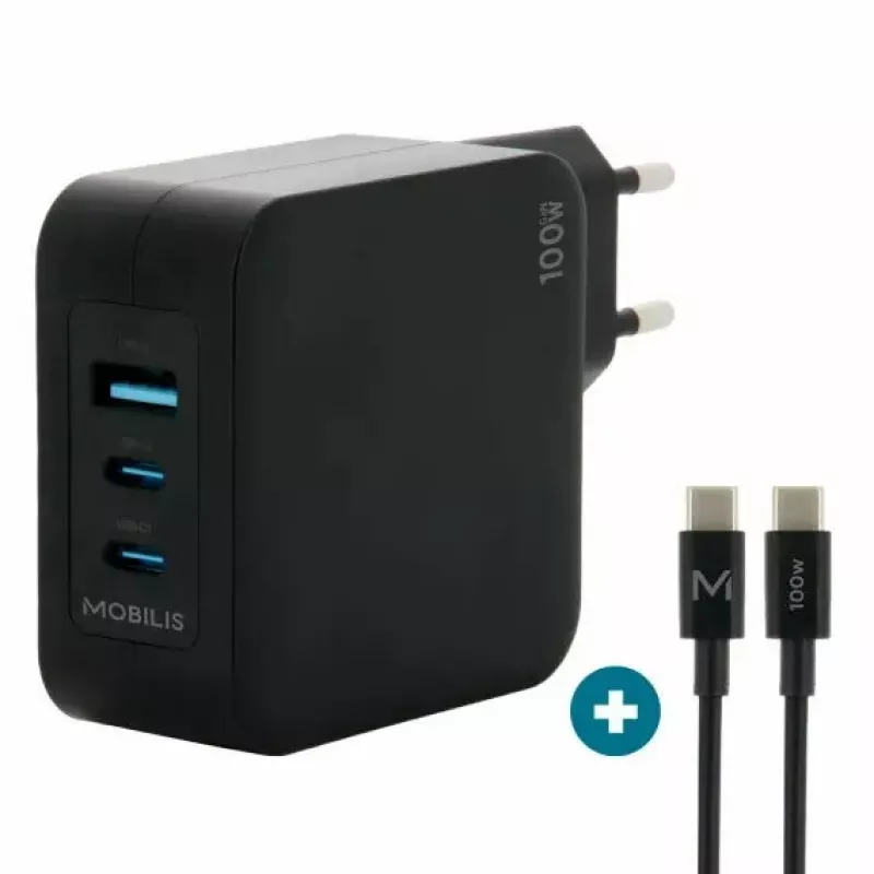 Ravanson Mobilis Charger 100W GaN 2×USB‑C + 1×USB‑A AC įkroviklis nešiojamam kompiuteriui, išmaniajam telefonui, planšetei – juoda