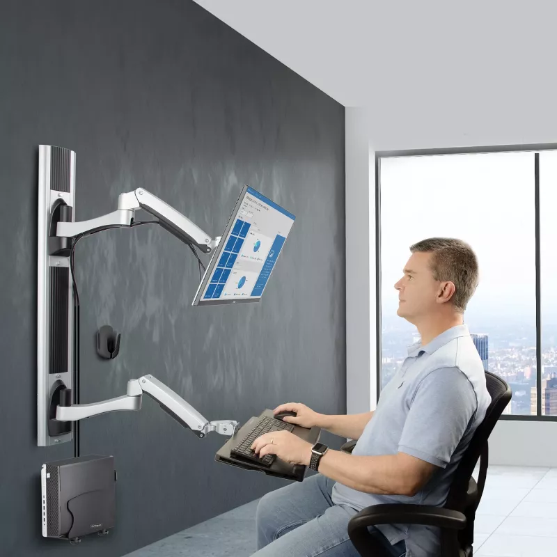 StarTech.com Sieninis darbo stalas su VESA laikikliu 32 colių monitoriams (10 kg), pilnai reguliuojamas vieno monitoriaus laikiklis ir klaviatūros lentyna su staliniu kompiuteriu/PC laikikliu, stovimas stalas