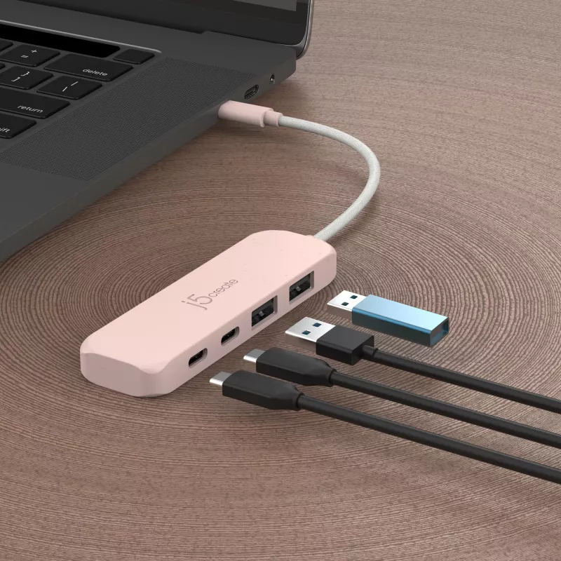 USB-C šakotuvas j5create JCH342ER-N 4 prievadų Type-C Type-A Gen 2 10000 Mbit/s rožinis