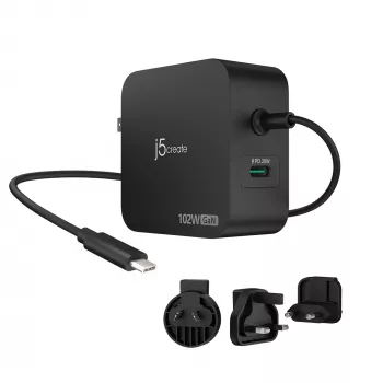 j5create 102W GaN PD USB-C 2 prievadų įkroviklis su keičiamais kištukais