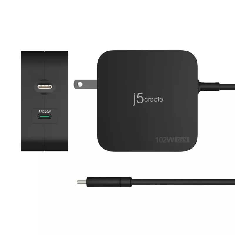j5create 102W GaN PD USB-C 2 prievadų įkroviklis su keičiamais kištukais