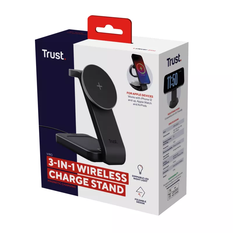 Trust Viro 3 viename belaidis magnetinis įkroviklis telefonui, laikrodžiui ir ausinėms, juodas