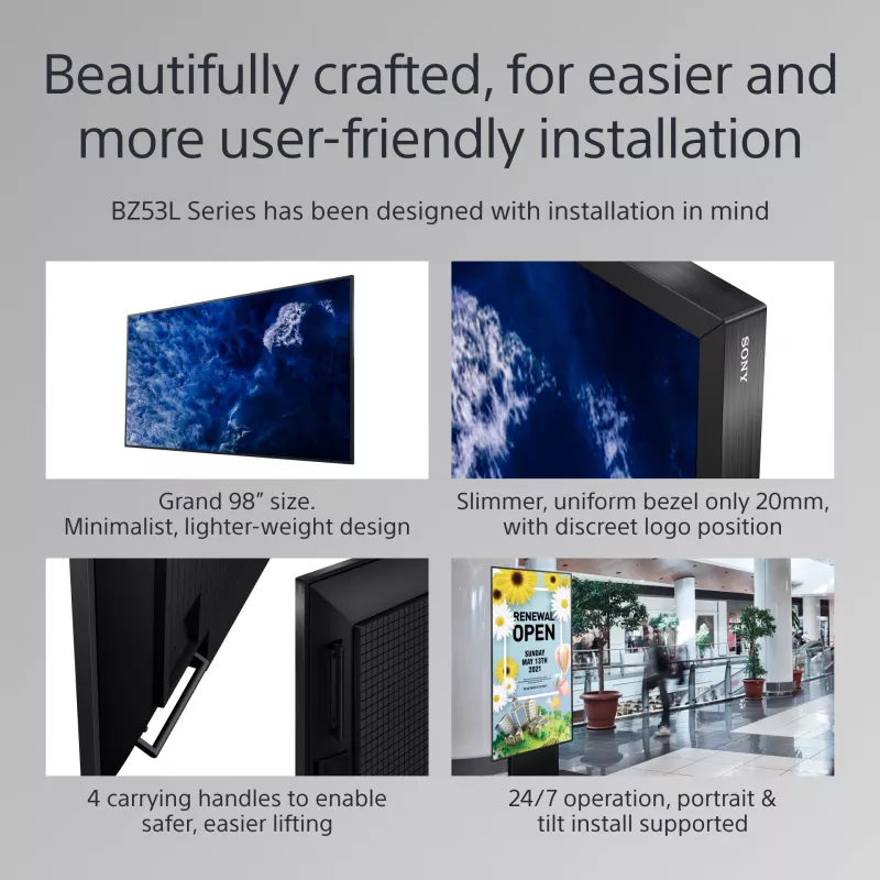 Sony BRAVIA FW-98BZ53L 4K HDR profesionalus ekranas su Full LED matrica, 780 cd/m2, Deep Black Non-Glare 47% Haze, 24/7 ir 5 metų PrimeSupport