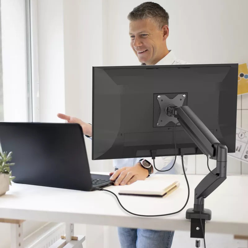 j5create JTSA101 ergonomiškas monitoriaus laikiklis su dujine spyruokle, juodas, spaustuvas/įvorė, 8 kg, 17–32 colių
