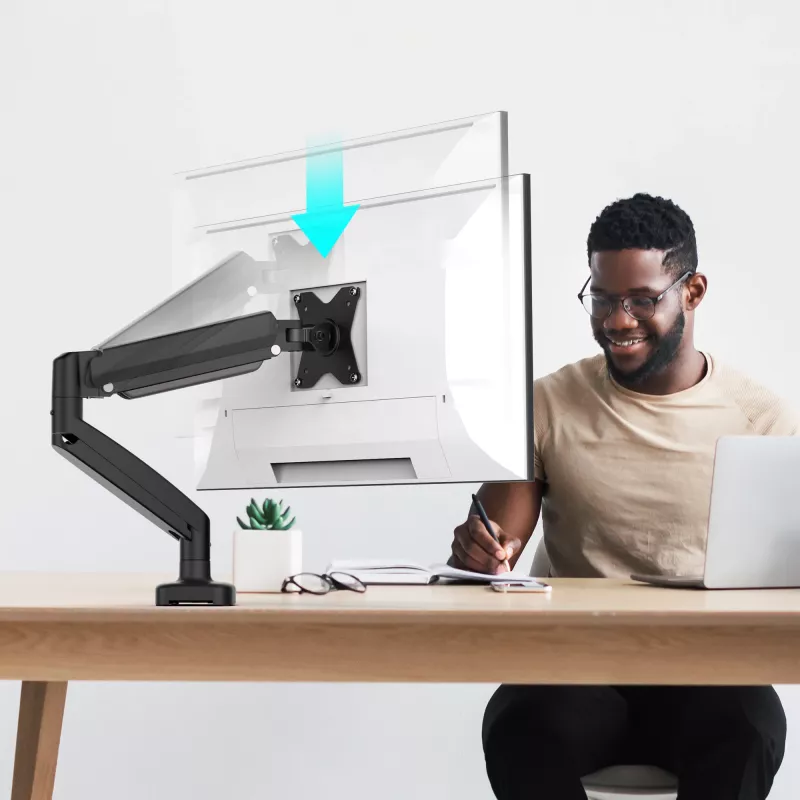 j5create JTSA101 ergonomiškas monitoriaus laikiklis su dujine spyruokle, juodas, spaustuvas/įvorė, 8 kg, 17–32 colių