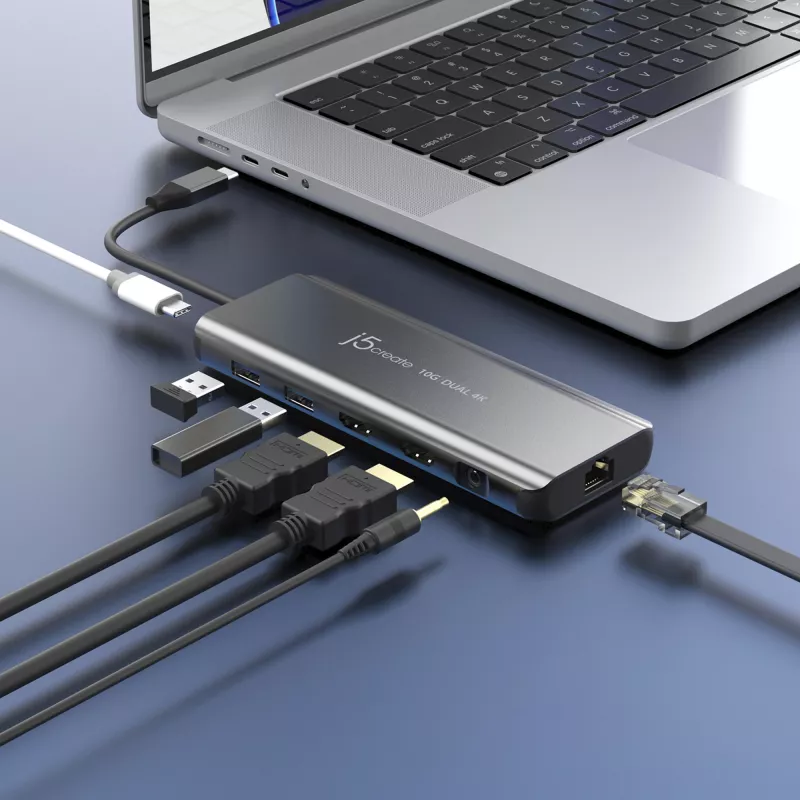 j5create JCD398 USB-C dvigubas 4K HDMI 10Gbps mini dokas, juodas