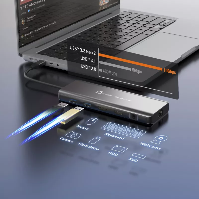j5create JCD398 USB-C dvigubas 4K HDMI 10Gbps mini dokas, juodas