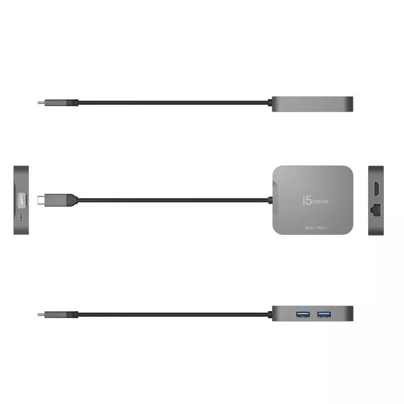 j5create JCD3191 4K60 Elite USB-C® kelioninis adapteris, pilkas