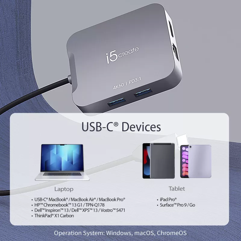j5create JCD3191 4K60 Elite USB-C® kelioninis adapteris, pilkas