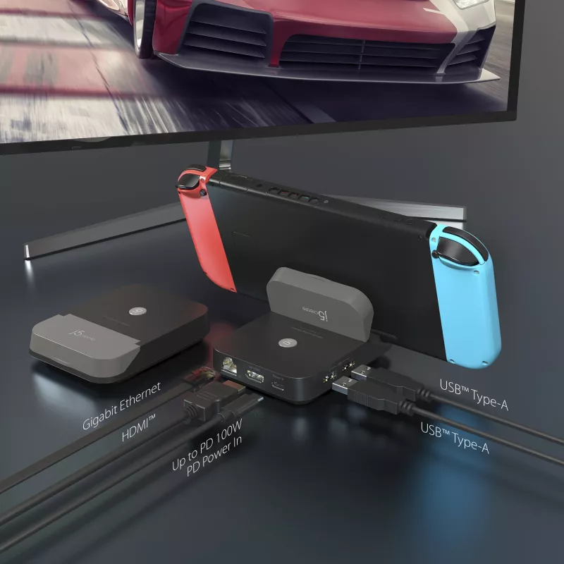 j5create JCD620 mini dokavimo stotelė, skirta Nintendo Switch™, juoda