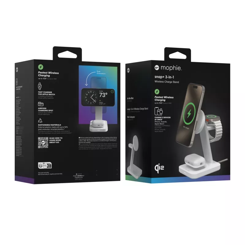 mophie Snap+ 3-in-1 belaidis įkrovimo stovas ausinėms, išmaniajam telefonui, išmaniajam laikrodžiui, baltas, USB, belaidis greitasis įkrovimas