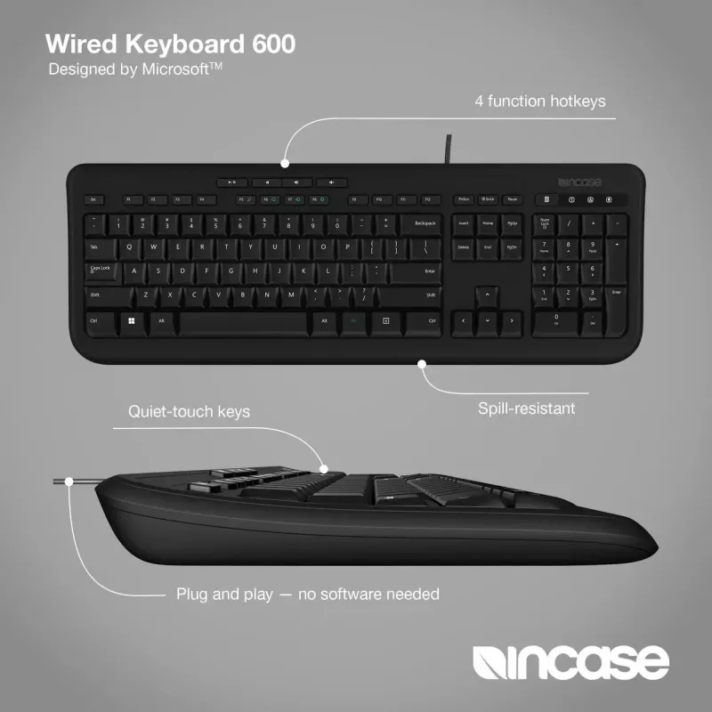 Vielinė pilno dydžio klaviatūra Incase Designed by Microsoft Wired 600 — USB, QWERTY, JK anglų, juoda