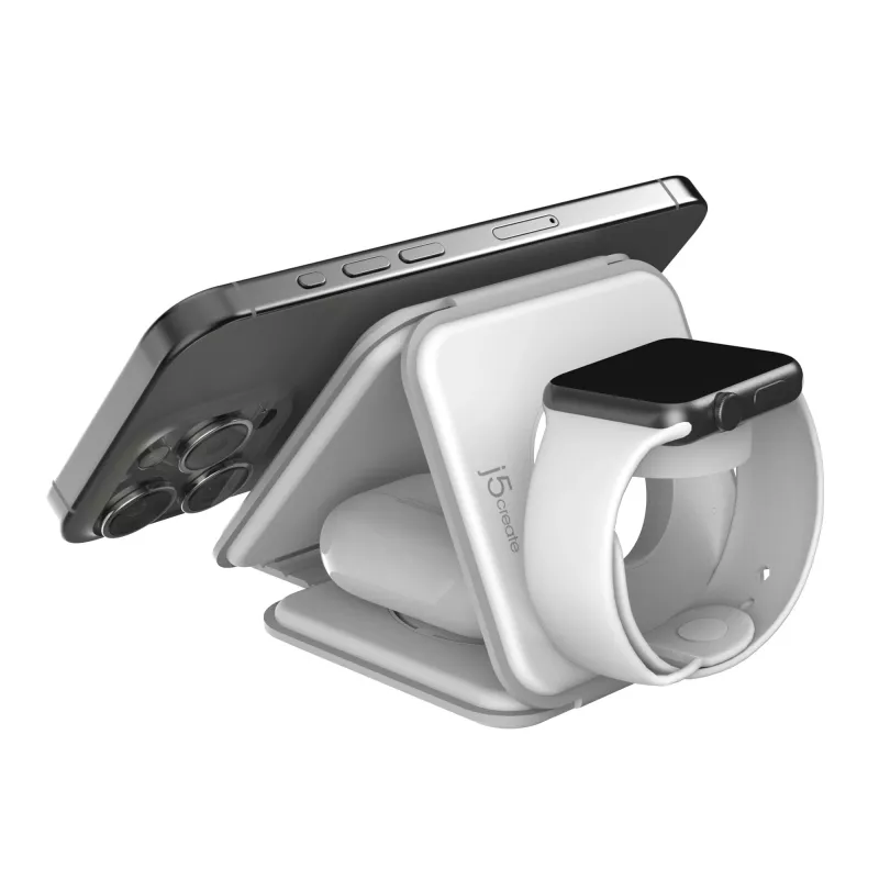 j5create Qi2 3 viename Magnetinė Kelioninė Belaidė Įkrovimo Stotelė Vidaus Naudojimui USB Greitas Įkrovimas Balta