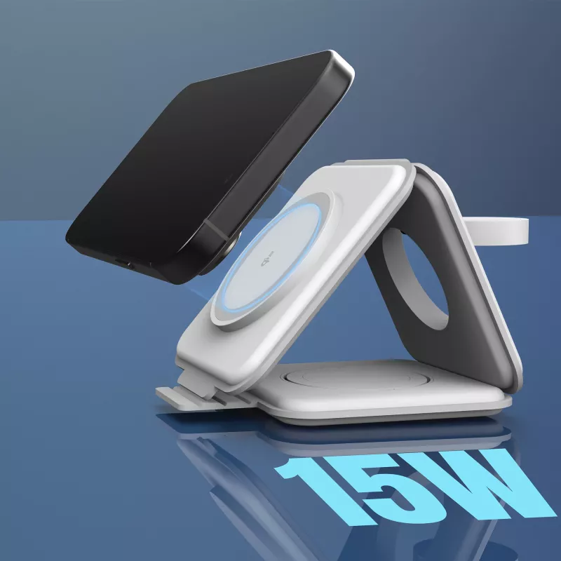 j5create Qi2 3 viename Magnetinė Kelioninė Belaidė Įkrovimo Stotelė Vidaus Naudojimui USB Greitas Įkrovimas Balta