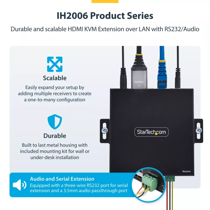 „StarTech.com“ HDMI KVM praplėtimo rinkinys per IP tinklą, 4K 60Hz, be tvarkyklių, HDMI ir USB per Ethernet/CAT6, AVoIP, siųstuvas ir imtuvas su montavimo komplektais