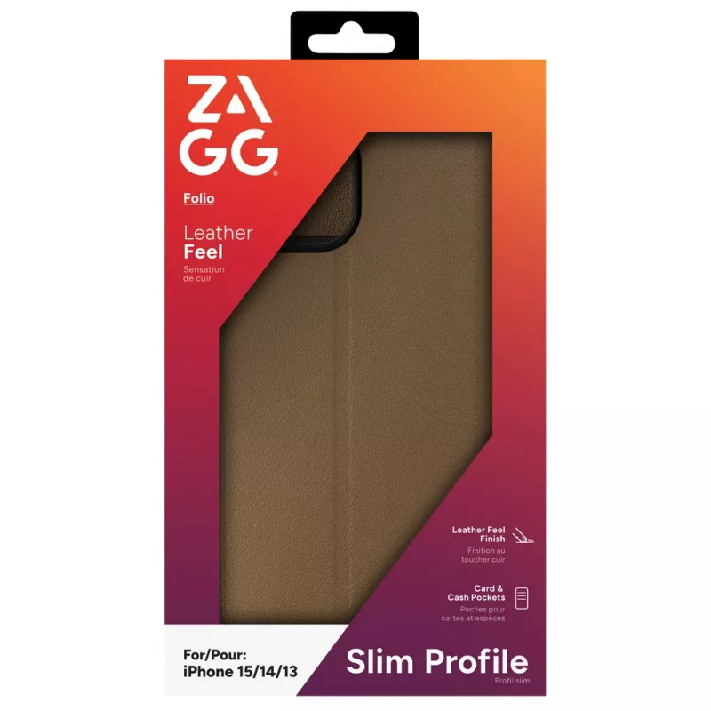 ZAGG 702314850 Folio knygutės tipo dėklas Apple iPhone 16e/15/14/13, dirbtinės odos, rudos spalvos