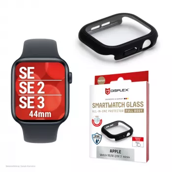 PanzerGlass Displex 10H apsauginis stiklas Apple Watch SE3/SE2/SE (44mm) – pilnas korpusas, IP68, užsegamas, juodas matinis