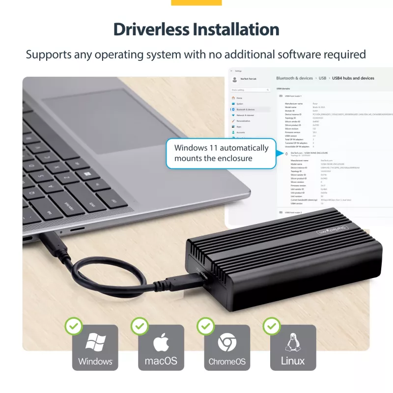 StarTech.com USB4 M.2 NVMe korpusas, 40Gbps, išorinis USB-C/Thunderbolt NVMe SSD korpusas, aliumininis radiatoriaus korpusas, B+M/M-Key