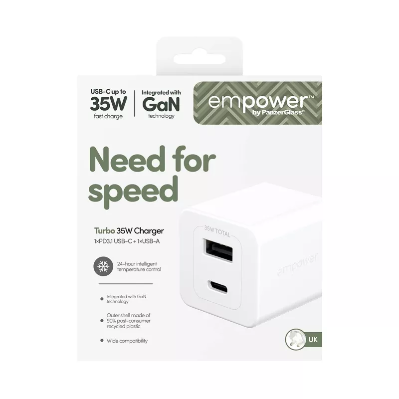 PanzerGlass empower™ by ® Turbo 35W įkroviklis su USB-C + USB-A | JK kištukas | sidabrinė balta