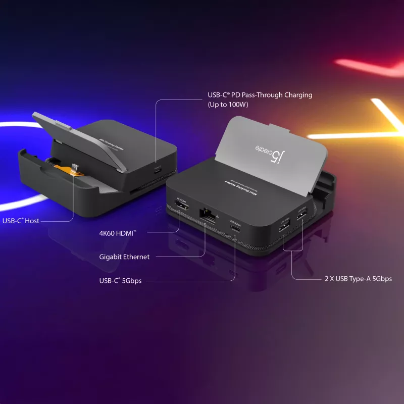Docking stotelė mobiliesiems įrenginiams j5 create JCD624-N USB Type-C, skirta iPhone 16/15 ir Samsung Galaxy serijoms, 100×250×28,5 mm, 238 g, Juoda/Pilka