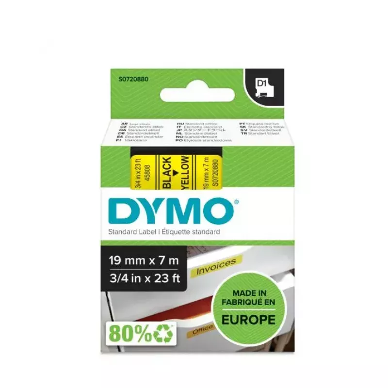 DYMO Authentic D1 Etiketės | Juodas spaudinys ant geltonos juostos | 19 mm x 7 m | Lipnios etiketės LabelManager etikečių spausdintuvams | Pagaminta Europoje