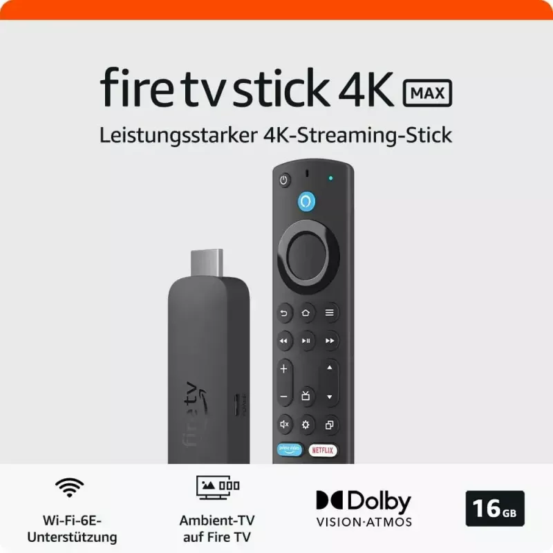 Amazon 4K Ultra HD USB TV srautinio turinio lazdelė, Wi‑Fi 6 (802.11ax), 3840×2160, USB maitinimas, juoda