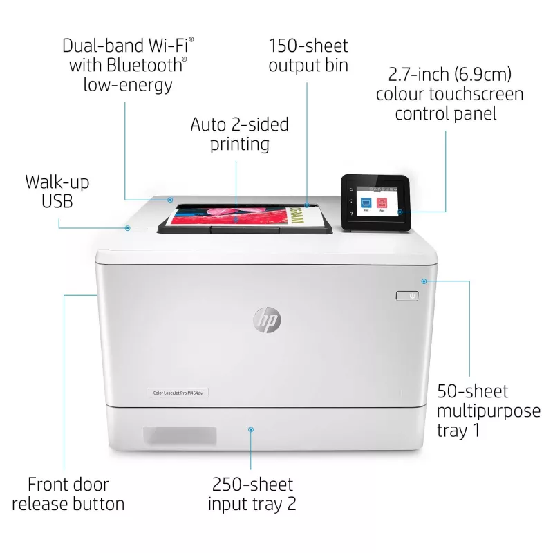 HP Color LaserJet Pro M454dw spausdintuvas, spalvotas lazerinis, A4, 27 ppm, dvipusis, belaidis