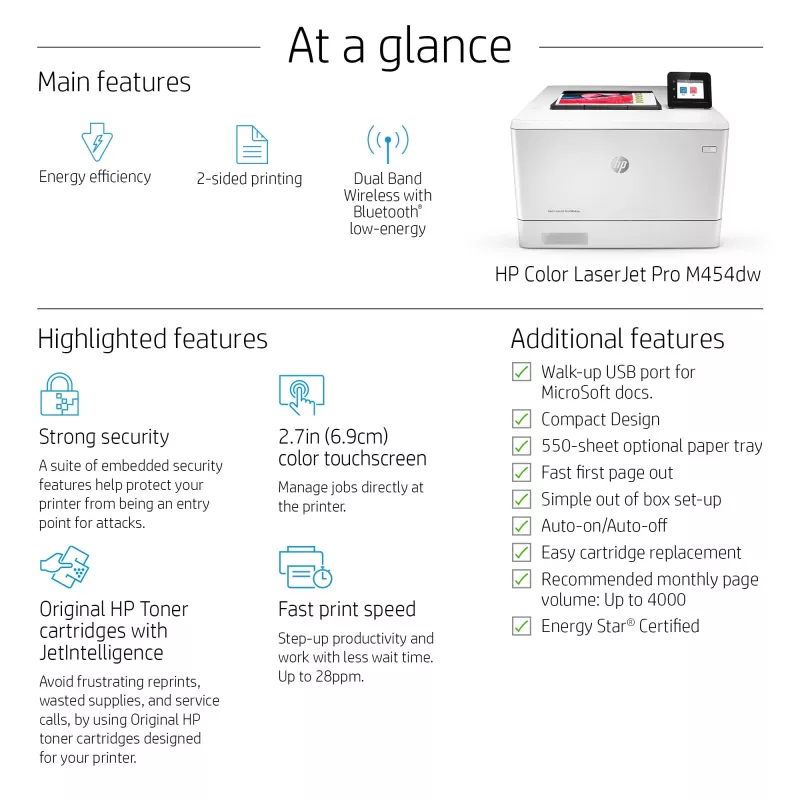HP Color LaserJet Pro M454dw spausdintuvas, spalvotas lazerinis, A4, 27 ppm, dvipusis, belaidis