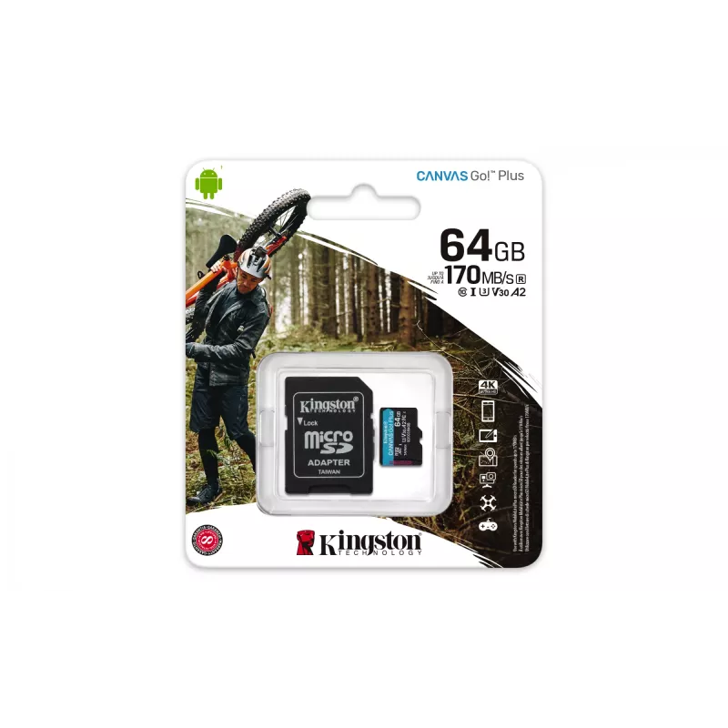 Kingston Canvas Go! Plus 64GB microSDXC atminties kortelė 170R A2 U3 V30 + SD adapteris