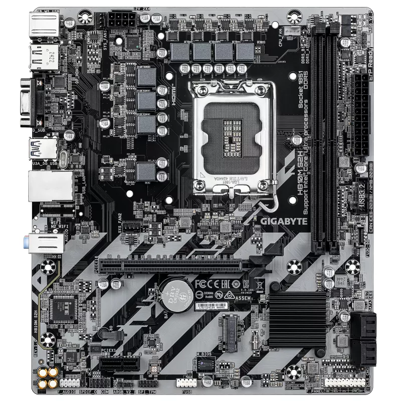 GIGABYTE H810M S2H pagrindinė plokštė – Intel Core Ultra (2 serija), 4+1+2 fazių VRM, iki 6400MHz DDR5, 1xPCIe 4.0 M.2, 1GbE LAN, USB 3.2 Gen 1