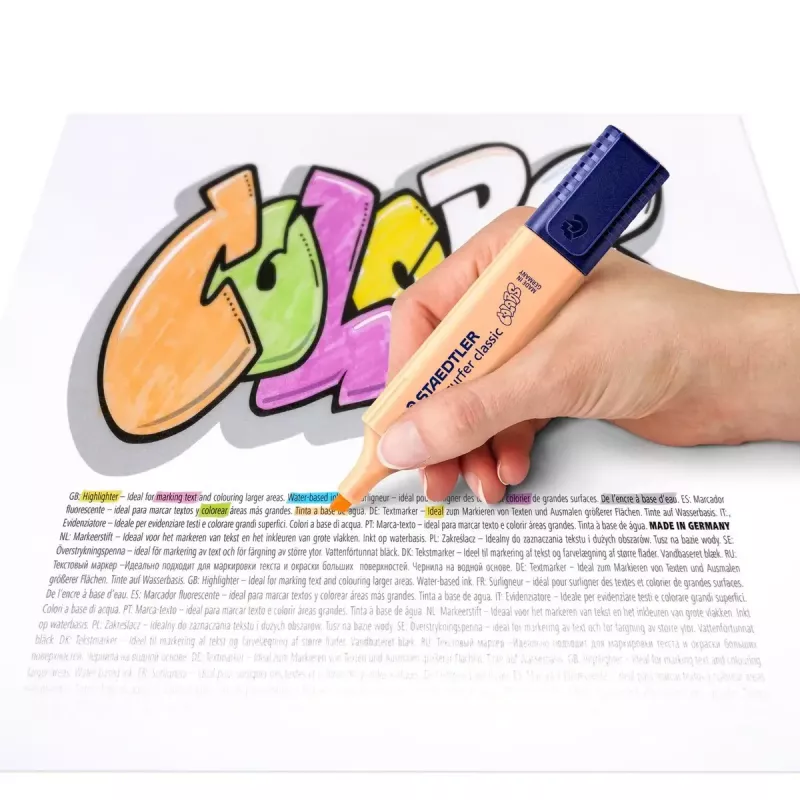 Markeris Staedtler 364 C 10 vnt. Smailusis antgalis Juoda Ruda Šviesiai mėlyna Šviesiai pilka Liepų žalia Mėtų Persikų Rožinė Violetinė Geltona