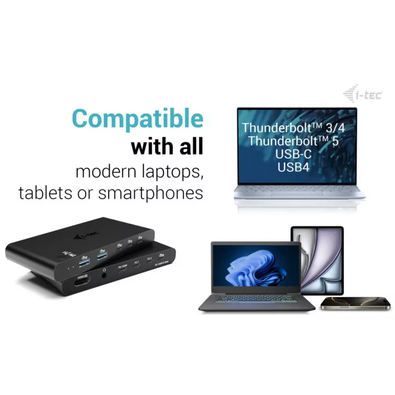 KVM doko stotelė i-tec 2 šeimininkams HDMI, USB-C sąsaja, PD 2×100W, 4K@60Hz, 2×USB-A