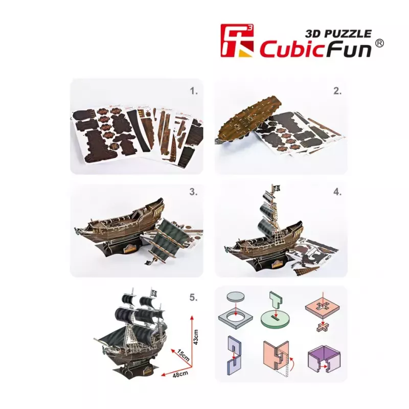 3D dėlionė CubicFun Piratų laivas 'Queen Anne's Revenge' modelis T4005H, kartoninis surinkimas