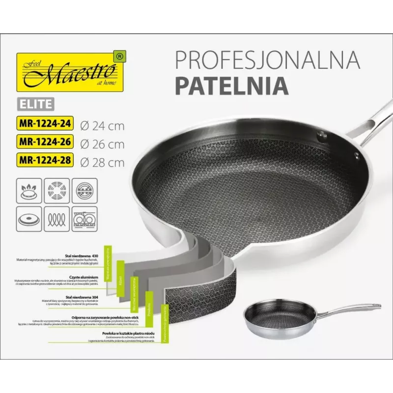 Universali keptuvė Maestro MR-1224-28 28 cm, trijų sluoksnių nerūdijančio plieno korpusas, nelimpanti danga, tinka indukcijai