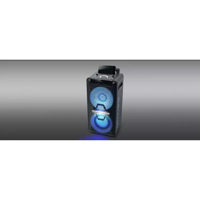 Nešiojamas garsiakalbis Muse M-1920 DJ — 300 W RMS, maitinamas iš tinklo, 3,5 mm įvestis, 256×287×534 mm, 7 kg, juodas