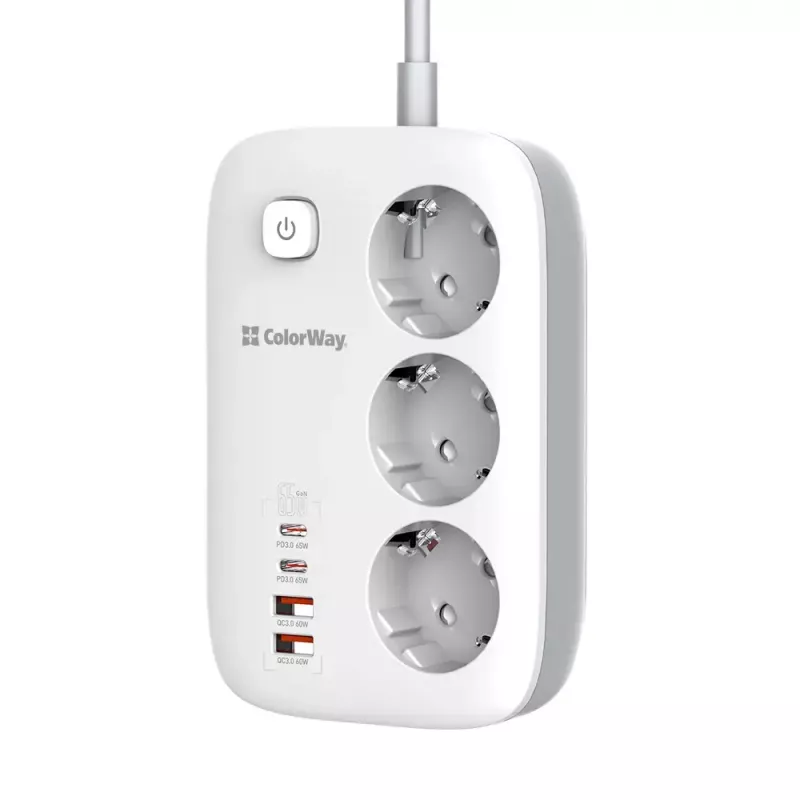 ColorWay CW-CHE34PDW elektros lizdas, 2x USB-C PD, 2x USB-A QC3.0, 2 m laidas