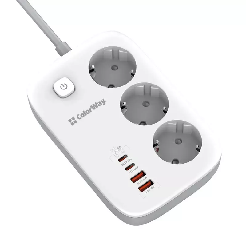 ColorWay CW-CHE34PDW elektros lizdas, 2x USB-C PD, 2x USB-A QC3.0, 2 m laidas