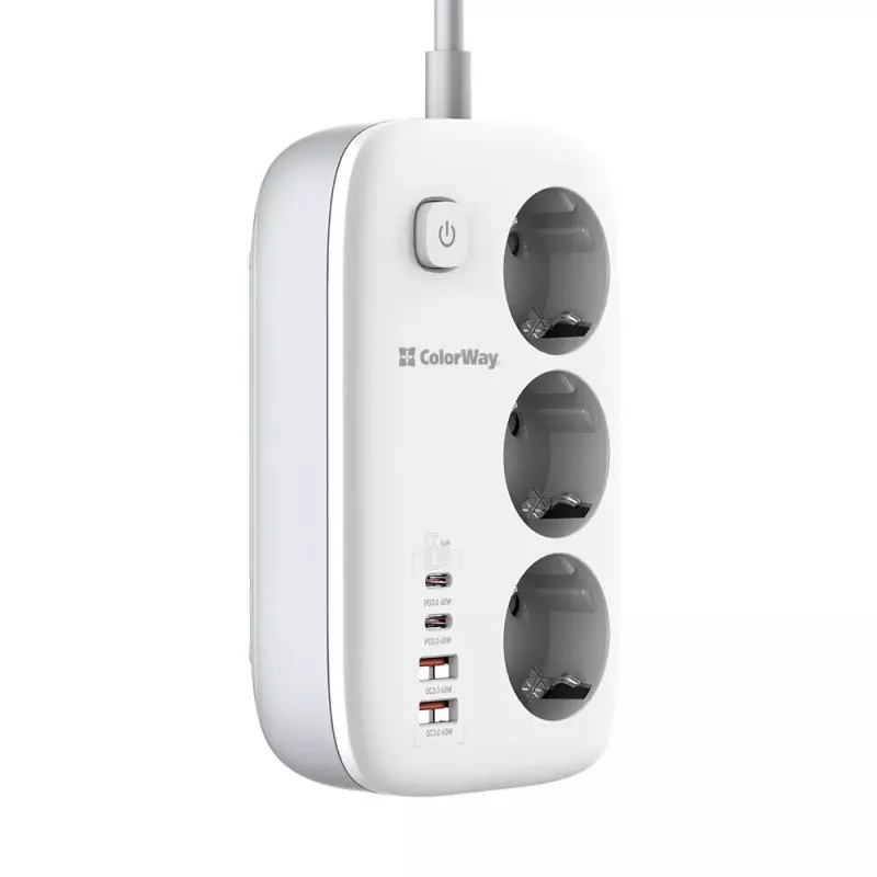ColorWay CW-CHE34PDW elektros lizdas, 2x USB-C PD, 2x USB-A QC3.0, 2 m laidas