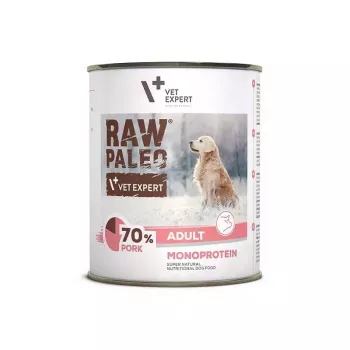 Šlapias šunų ėdalas VETEXPERT RAW PALEO Adult Monoprotein Pork 800 g skardinė, be grūdų, be glitimo ir sojos