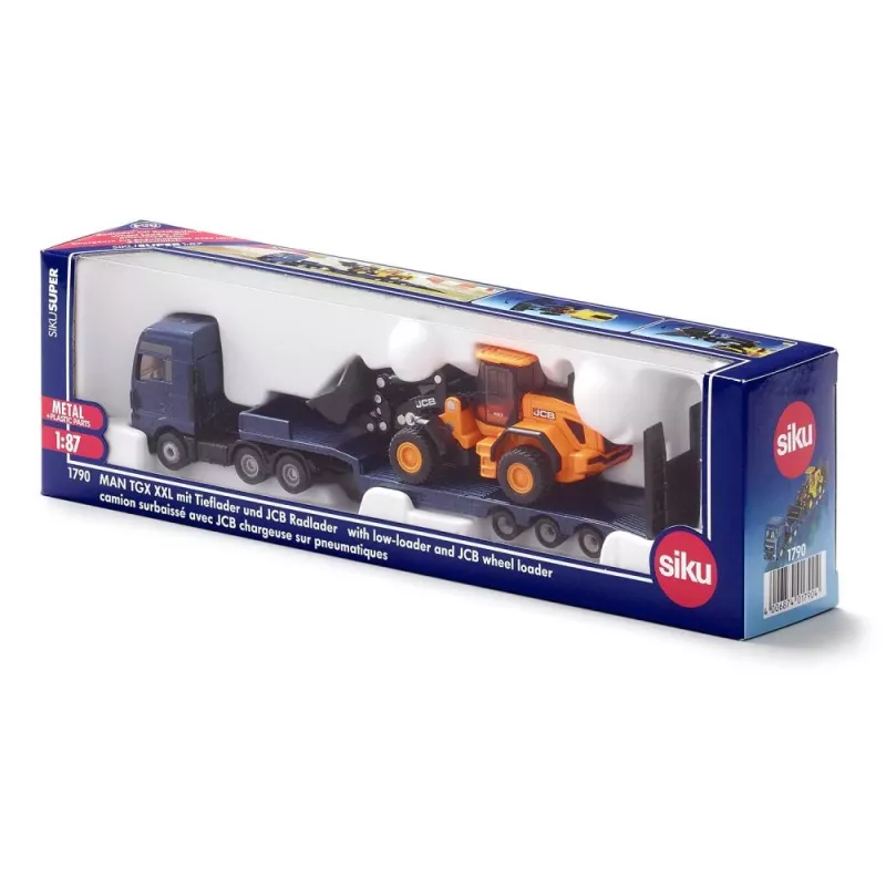 Siku 1790 vilkikas su puspriekabe ir JCB ratiniu krautuvu, metalas/plastikas, 3+ metams, juoda/mėlyna/geltona
