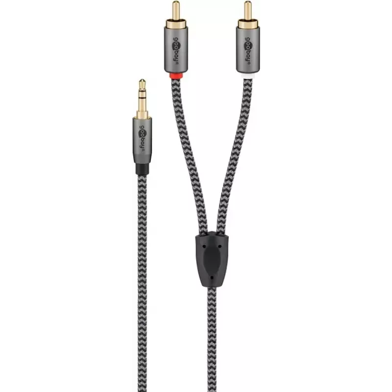 Garso laidas Goobay 65285 3,5 mm lizdas – 2×RCA kištukas, 1 m, varis, auksuoti kontaktai, magnetinis ekranavimas (juodas/sidabrinis)
