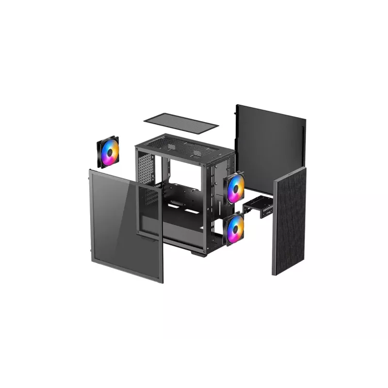 PC korpusas DeepCool MATREXX 40 3FS Micro Tower — Micro ATX/Mini-ITX, grūdintas stiklas, 3x140/2x120 ventiliatorių palaikymas, GPU iki 320 mm, 2x3.5 colio + 2x2.5 colio, juodas