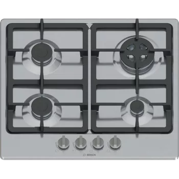 Įmontuojama dujinė kaitlentė Bosch Serie 4 PGH6B5K90, 4 zonos, nerūdijantis plienas, 60 cm, sukamosios rankenėlės, wok degiklis