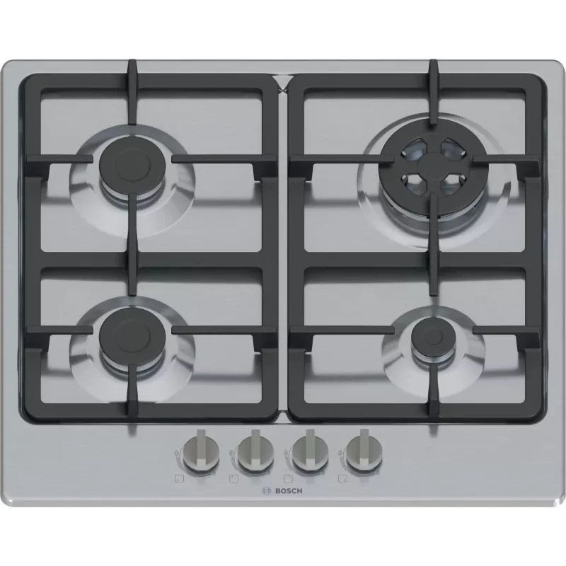 Įmontuojama dujinė kaitlentė Bosch Serie 4 PGH6B5K90, 4 zonos, nerūdijantis plienas, 60 cm, sukamosios rankenėlės, wok degiklis